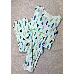 Primary Holiday Print Pajama Set 100 % Organic Cotton Kids Size 14 Trees Blue